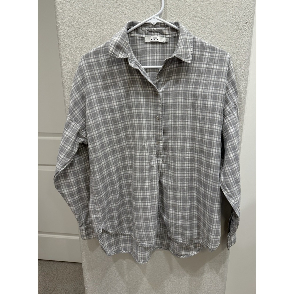0039 Italy Gray Plaid Flannel Henley Shirt Women's Size XXS Lightweight Tunic